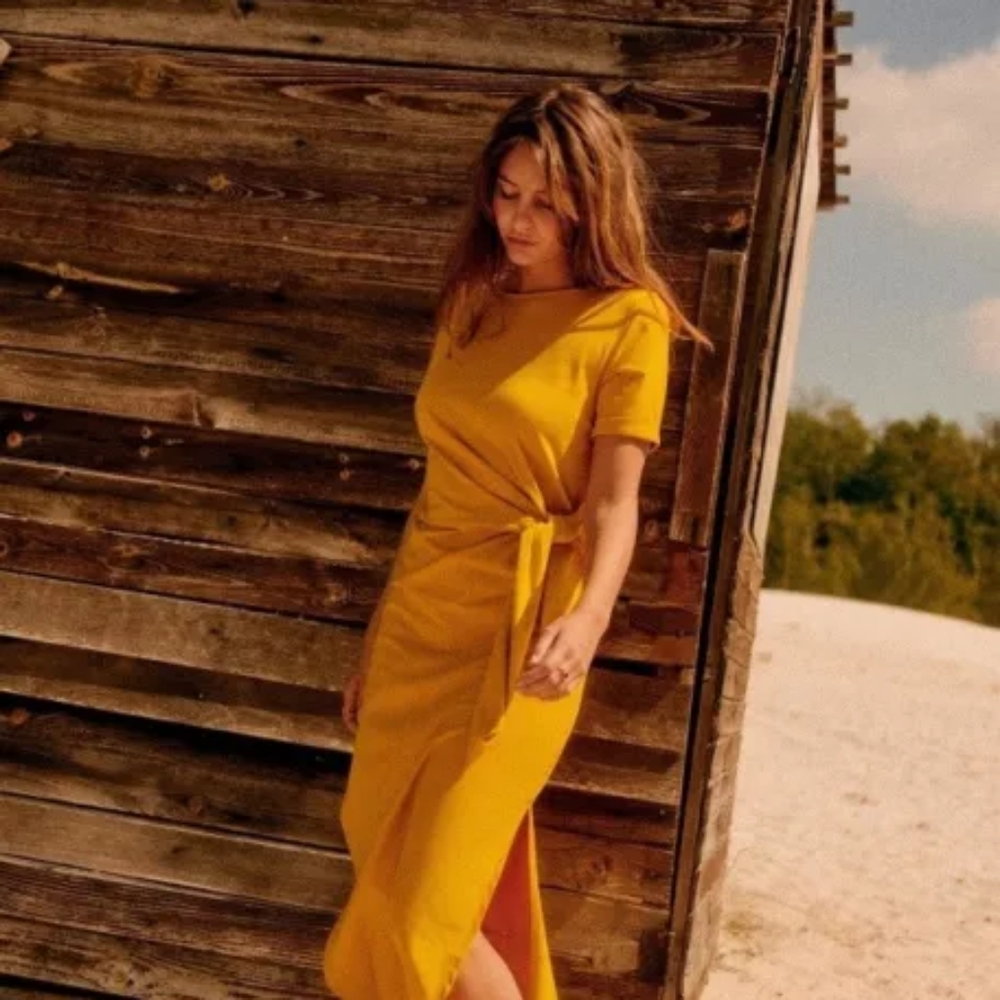 Sezane Golden Mustard Midi Dress with Side Knot